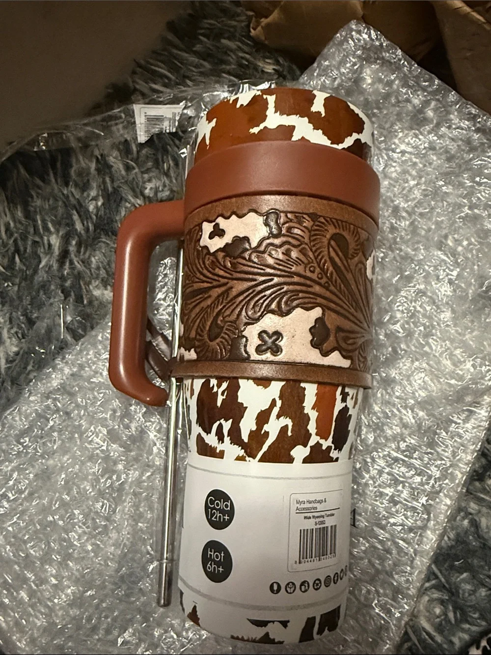 Brown Cowhide Pattern Insulated Travel Mug with Leather Wrap
